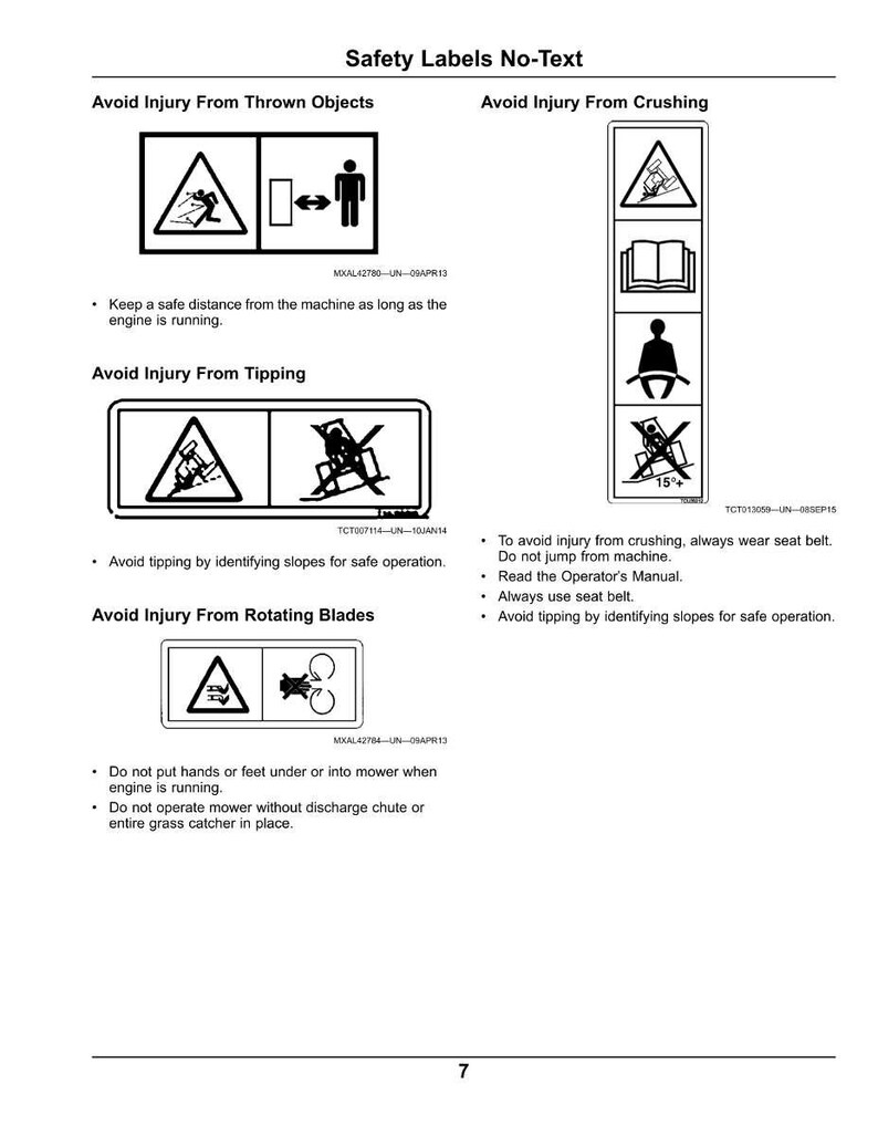 May include: A white page featuring black safety labels and warnings. The labels warn against injury from thrown objects, crushing, tipping, and rotating blades. The page includes safety instructions and diagrams.