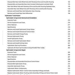 May include: A detailed table of contents from a manual, listing specifications and procedures for hydrostatic transmission and components. Includes sections on removal, installation, and repair, with page numbers.
