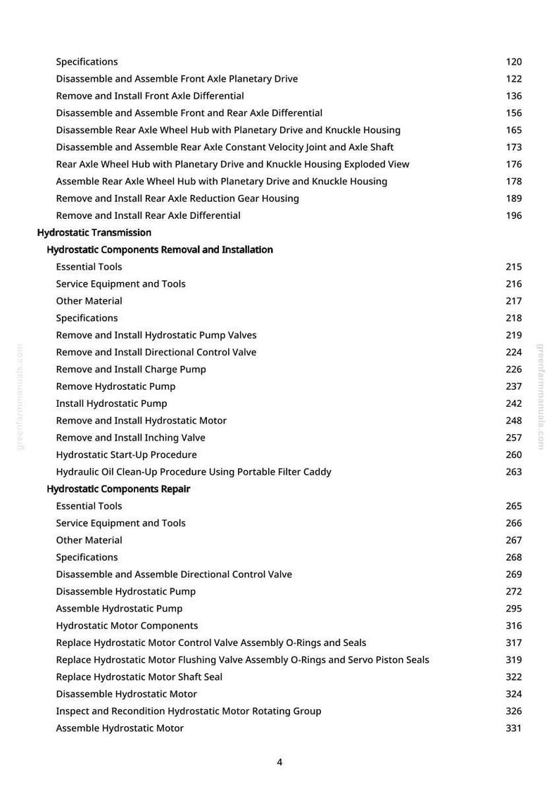 May include: A detailed table of contents from a manual, listing specifications and procedures for hydrostatic transmission and components. Includes sections on removal, installation, and repair, with page numbers.