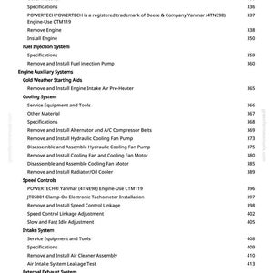 May include: A detailed table of contents from a manual, listing engine-related topics. Sections include removal, installation, fuel injection, cooling, speed controls, and intake systems. The text is in black on a white background.