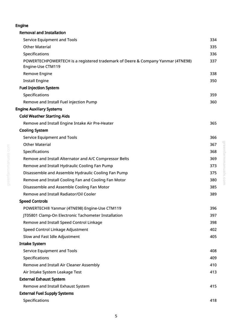 May include: A detailed table of contents from a manual, listing engine-related topics. Sections include removal, installation, fuel injection, cooling, speed controls, and intake systems. The text is in black on a white background.