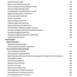 May include: A detailed list of maintenance and troubleshooting procedures for agricultural machinery. The text includes sections on electrical systems, common tests, and malfunction diagnostics. The page numbers are listed on the right.