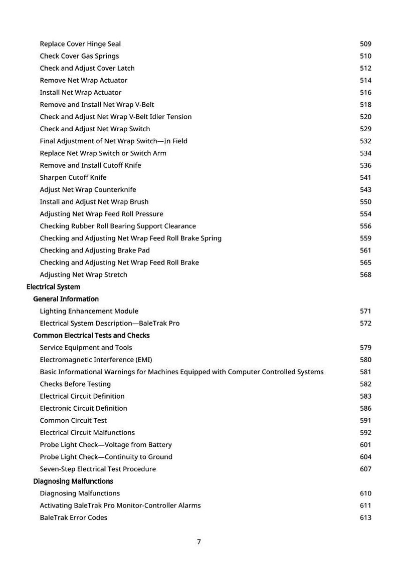 May include: A detailed list of maintenance and troubleshooting procedures for agricultural machinery. The text includes sections on electrical systems, common tests, and malfunction diagnostics. The page numbers are listed on the right.