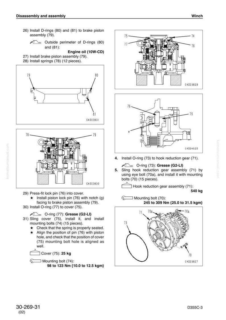 Pu&ograve; includere: Diagramma tecnico di un verricello con istruzioni dettagliate per lo smontaggio e il montaggio. Include numeri di parte, misure in kg e istruzioni per l'installazione di componenti come O-ring e molle.