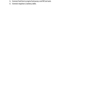 May include: White page with black text detailing six steps for a mechanical process. The steps include connecting fuel lines, installing parts, and connecting a battery cable. The number 822 is at the bottom.