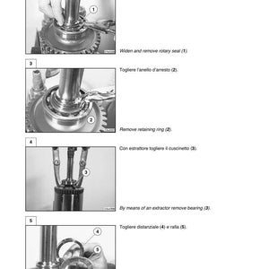 May include: Technical diagram illustrating the disassembly of a mechanical component. The image shows various steps, including removing seals, retaining rings, bearings, spacers, and washers. The diagram includes text in both English and Italian, with numbered steps for clarity.