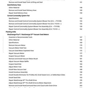 May include: A detailed table of contents from a manual, listing procedures for agricultural equipment. Topics include seed delivery, fan systems, vacuum meters, and planting units. The text is in black font on a white background.