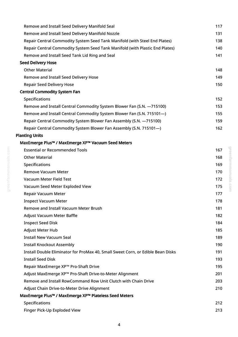 May include: A detailed table of contents from a manual, listing procedures for agricultural equipment. Topics include seed delivery, fan systems, vacuum meters, and planting units. The text is in black font on a white background.