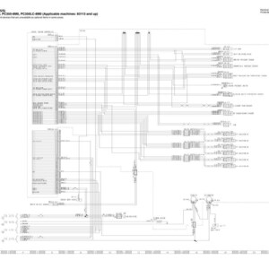 Op de afbeelding: Elektrisch schema met tekst. Het diagram is een complex netwerk van lijnen en symbolen, waarschijnlijk de bedrading van een machine. De tekst bovenaan geeft aan dat het schema bedoeld is voor machines PC300-8M0, PC300LC-8M0, PC350-8M0, PC350LC-8M0.