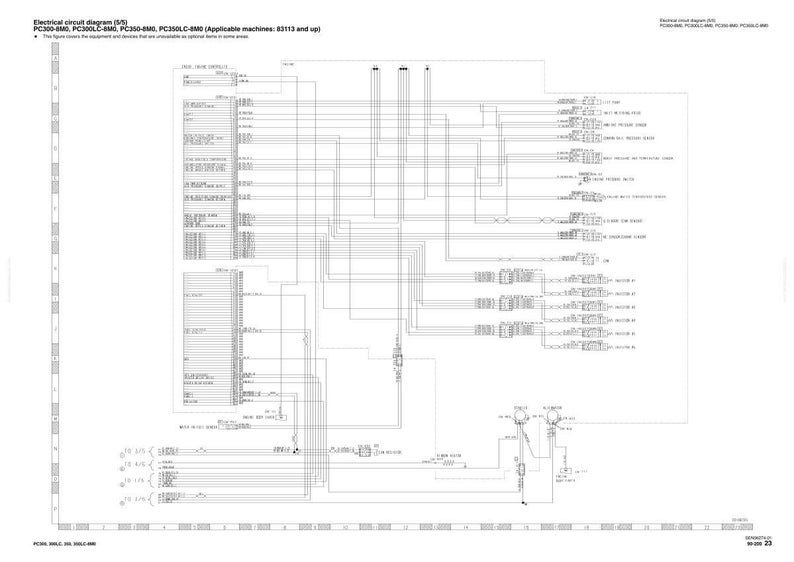 Op de afbeelding: Elektrisch schema met tekst. Het diagram is een complex netwerk van lijnen en symbolen, waarschijnlijk de bedrading van een machine. De tekst bovenaan geeft aan dat het schema bedoeld is voor machines PC300-8M0, PC300LC-8M0, PC350-8M0, PC350LC-8M0.