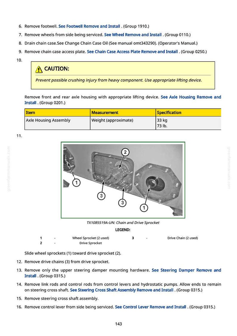 May include: A manual page detailing mechanical procedures. It features diagrams of sprockets and chains, alongside safety warnings. The axle housing assembly weighs approximately 33 kg. Instructions include removing and installing parts.