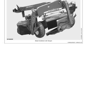 Puede incluir: Imagen en escala de grises de una segadora-acondicionadora John Deere con un agrupador. La m&aacute;quina tiene ruedas grandes, un cuerpo negro y verde, y el logotipo de John Deere es visible. Tambi&eacute;n est&aacute; presente el texto "Mower-Conditioner with Grouper".