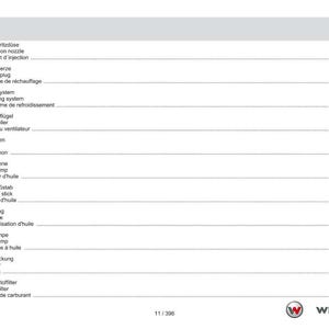 May include: A page from a technical manual with a table of contents in German, English, and French. The table lists various engine components such as injection nozzles, glow plugs, and oil pumps. The Weidemann logo is at the bottom.