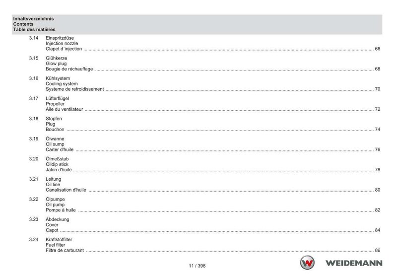 May include: A page from a technical manual with a table of contents in German, English, and French. The table lists various engine components such as injection nozzles, glow plugs, and oil pumps. The Weidemann logo is at the bottom.
