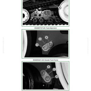 May include: Diagram illustrating track alignment adjustments. The image shows close-ups of mechanical components with labels and references. Includes text: Adjust Track Alignment, RXA0087727-UN: Track Alignment, RXA0093261-UN: Outside Track Frame, RXA0093263-UN: Inside Track Frame.