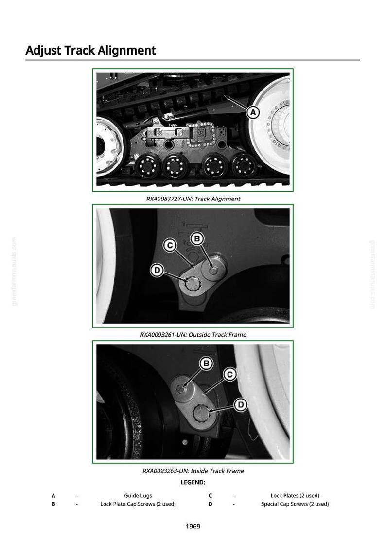 May include: Diagram illustrating track alignment adjustments. The image shows close-ups of mechanical components with labels and references. Includes text: Adjust Track Alignment, RXA0087727-UN: Track Alignment, RXA0093261-UN: Outside Track Frame, RXA0093263-UN: Inside Track Frame.