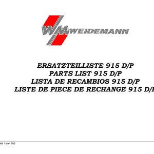 K&ouml;nnte beinhalten: Wei&szlig;er Hintergrund mit dem WM Weidemann Logo, einem roten und grauen geometrischen Design. Der Text enth&auml;lt "ERSATZTEILLISTE 915 D/P", "PARTS LIST 915 D/P", "LISTA DE RECAMBIOS 915 D/P" und "LISTE DE PIECE DE RECHANGE 915 D/P".