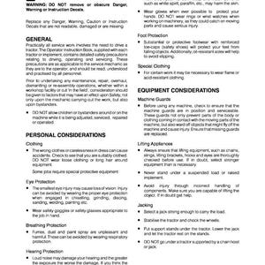Pode incluir: P&aacute;gina de um manual de seguran&ccedil;a de oficina com o t&iacute;tulo &laquo;Introdu&ccedil;&atilde;o e Seguran&ccedil;a na Oficina&raquo;. O texto aborda decalques de seguran&ccedil;a, seguran&ccedil;a geral, considera&ccedil;&otilde;es pessoais e considera&ccedil;&otilde;es sobre equipamentos.