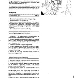 May include: Diagram of an engine component with text instructions for maintenance. The image includes a detailed view of a glow plug and related parts, with numbered steps for removal and testing.