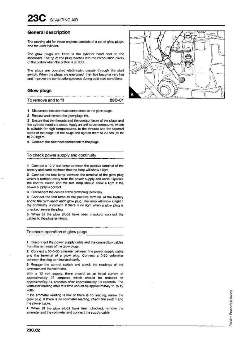 May include: Diagram of an engine component with text instructions for maintenance. The image includes a detailed view of a glow plug and related parts, with numbered steps for removal and testing.