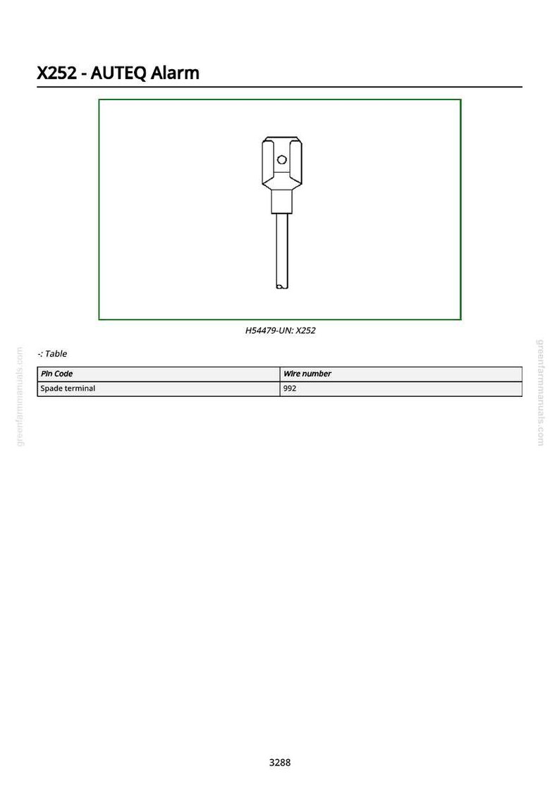 May include: Diagram of an X252 AUTEQ alarm component. The image shows a line drawing of a spade terminal with the text "X252 - AUTEQ Alarm" and "H54479-UN: X252". The diagram is in a green box.