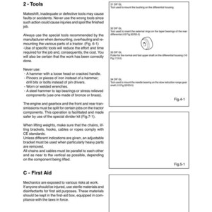 May include: A page from a manual titled "Working in Safety" with text about tools and first aid. Includes diagrams of tools and their uses, such as mounting bushings and inserting rings. The page is from a manual.