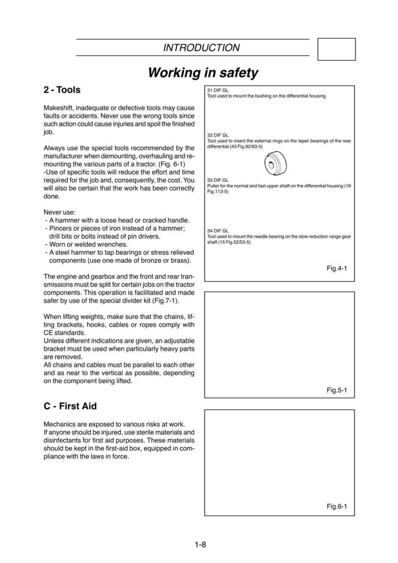 May include: A page from a manual titled "Working in Safety" with text about tools and first aid. Includes diagrams of tools and their uses, such as mounting bushings and inserting rings. The page is from a manual.