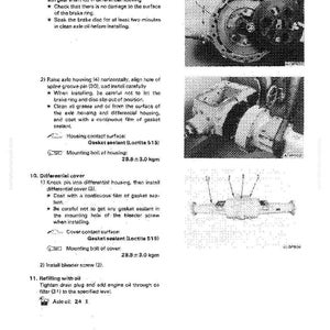 Op de afbeelding: Technische diagram met gedetailleerde instructies voor de installatie van asbehuizing en differentieel deksel. Bevat afbeeldingen van de componenten, tekstinstructies, details over pakkingkit en koppel specificaties, metingen in kgm.
