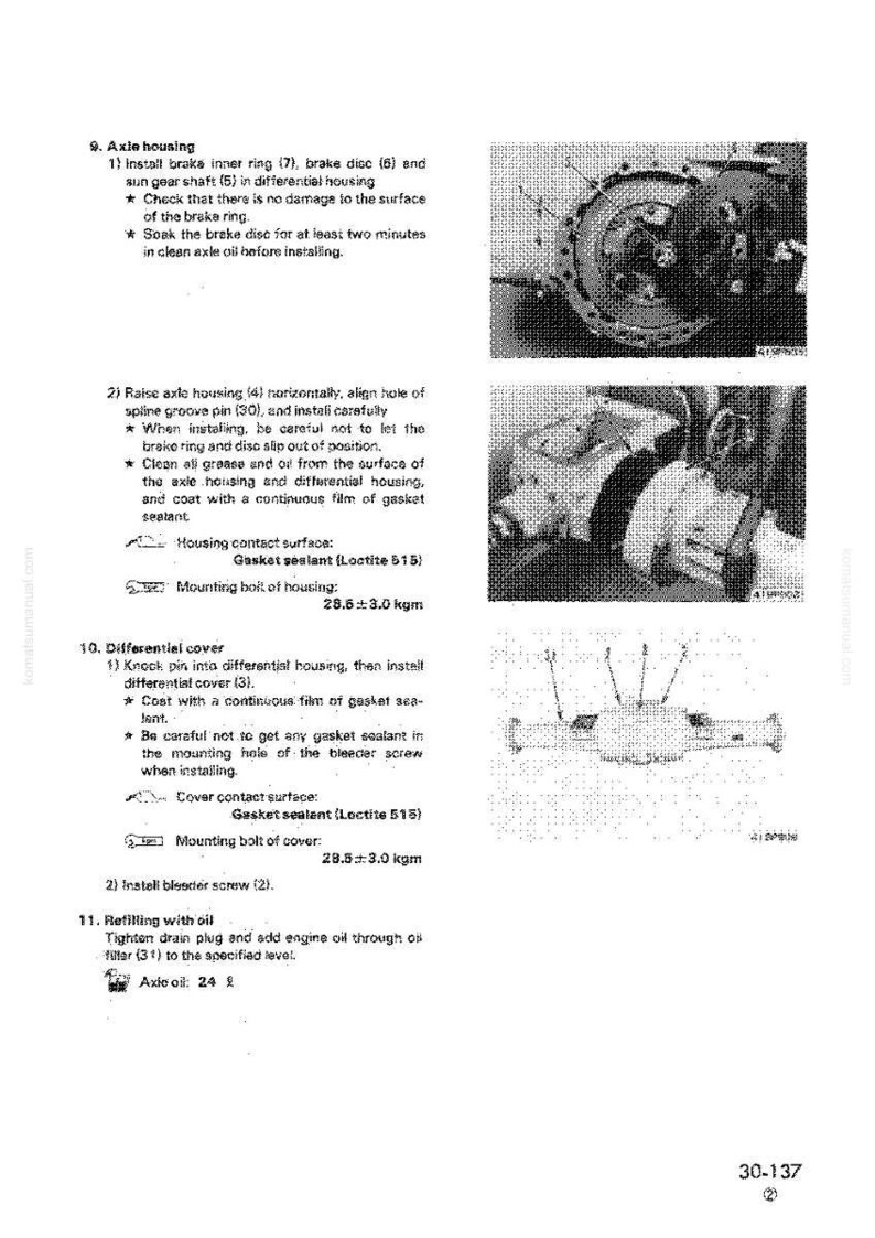 Op de afbeelding: Technische diagram met gedetailleerde instructies voor de installatie van asbehuizing en differentieel deksel. Bevat afbeeldingen van de componenten, tekstinstructies, details over pakkingkit en koppel specificaties, metingen in kgm.