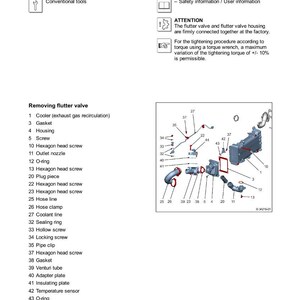 Op de afbeelding: Diagram van een uitlaatgasrecirculatiesysteem, met gelabelde componenten zoals een koeler, pakking en behuizing. De diagram bevat instructies voor het verwijderen en installeren van de flutterklep, met afmetingen in cm.