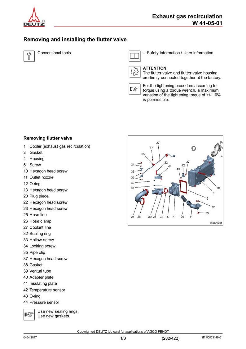 Op de afbeelding: Diagram van een uitlaatgasrecirculatiesysteem, met gelabelde componenten zoals een koeler, pakking en behuizing. De diagram bevat instructies voor het verwijderen en installeren van de flutterklep, met afmetingen in cm.
