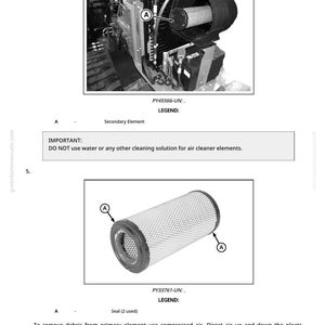 May include: Diagram of an air cleaner system with a cylindrical filter element. The image includes a secondary element and instructions to remove debris using compressed air. The text also warns against using water or cleaning solutions.