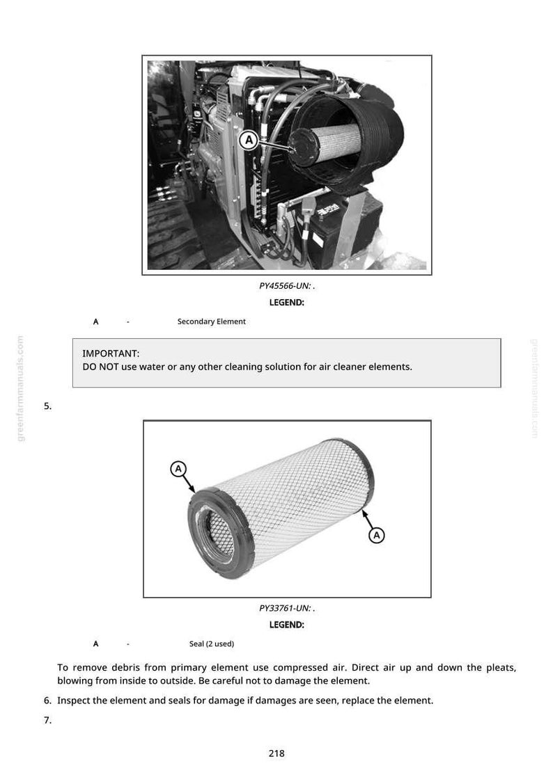 May include: Diagram of an air cleaner system with a cylindrical filter element. The image includes a secondary element and instructions to remove debris using compressed air. The text also warns against using water or cleaning solutions.