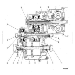 K&ouml;nnte beinhalten: Detaillierte technische Zeichnung eines Getriebesystems, beschriftet mit 'TRANSMISSION (2/3)' und Seriennummer. Die Schwarz-Wei&szlig;-Zeichnung zeigt interne Komponenten und Teilenummern.