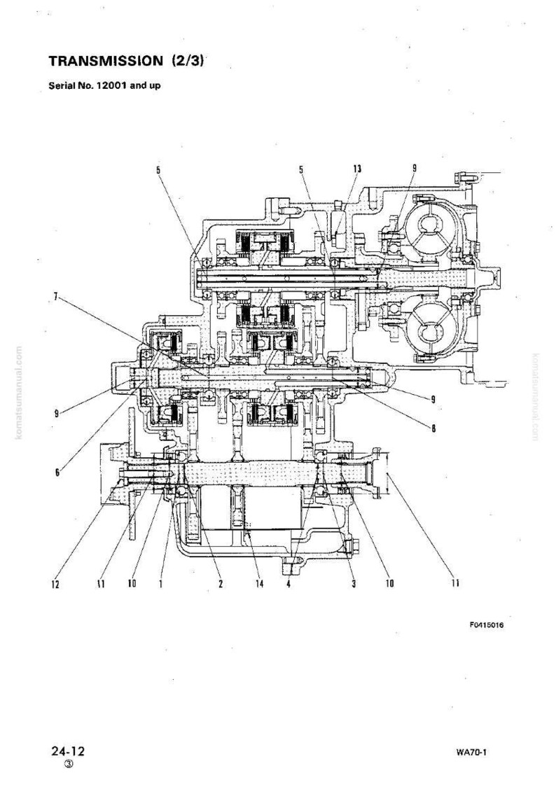 K&ouml;nnte beinhalten: Detaillierte technische Zeichnung eines Getriebesystems, beschriftet mit 'TRANSMISSION (2/3)' und Seriennummer. Die Schwarz-Wei&szlig;-Zeichnung zeigt interne Komponenten und Teilenummern.