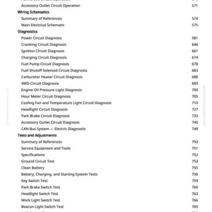 May include: A page from a manual with a table of contents. The table lists various automotive diagnostics and tests, including circuit operations, wiring schematics, and adjustments. The page number is 8.