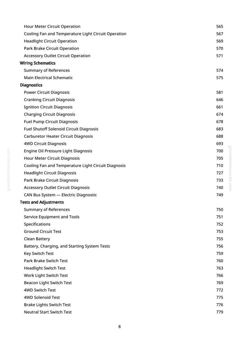 May include: A page from a manual with a table of contents. The table lists various automotive diagnostics and tests, including circuit operations, wiring schematics, and adjustments. The page number is 8.
