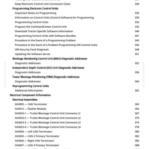 May include: A detailed table of contents from a manual, listing topics related to electronic control units. Sections include general information, programming, and diagnostic addresses, with page numbers for each topic.