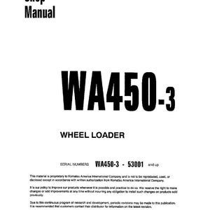 K&ouml;nnte beinhalten: Ein wei&szlig;es Shop Manual mit dem Text "WA450-3 WHEEL LOADER" in gro&szlig;en, fetten, schwarzen Buchstaben. Das Handbuch enth&auml;lt Seriennummern und Copyright-Informationen von Komatsu America International Company.