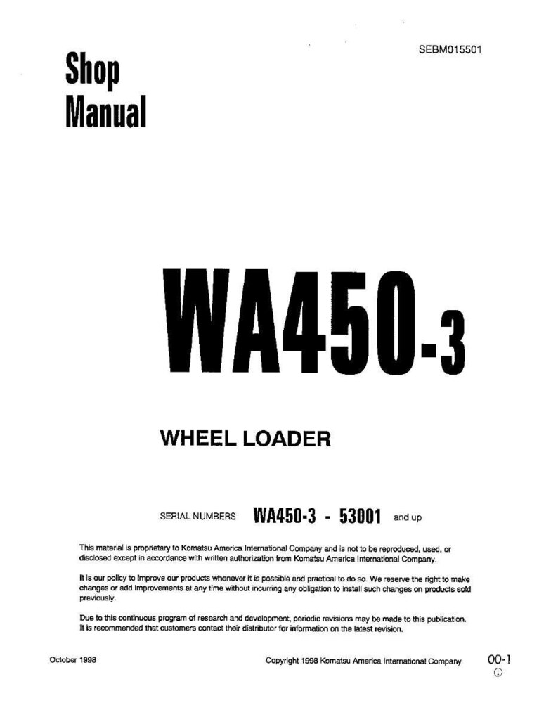 K&ouml;nnte beinhalten: Ein wei&szlig;es Shop Manual mit dem Text "WA450-3 WHEEL LOADER" in gro&szlig;en, fetten, schwarzen Buchstaben. Das Handbuch enth&auml;lt Seriennummern und Copyright-Informationen von Komatsu America International Company.
