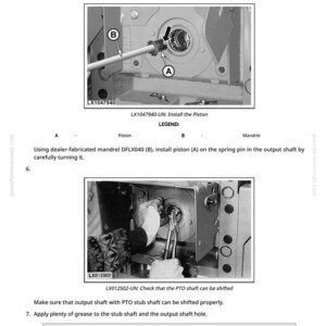 May include: Diagram of machinery components with labels and instructions. Includes close-up views of a piston and mandrel installation process. Text includes "LX1047940-UN: Install the Piston" and "LX012502-UN: Check that the PTO shaft can be shifted."