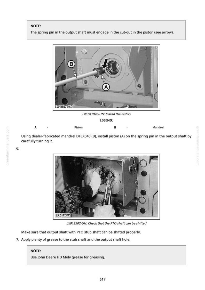 May include: Diagram of machinery components with labels and instructions. Includes close-up views of a piston and mandrel installation process. Text includes "LX1047940-UN: Install the Piston" and "LX012502-UN: Check that the PTO shaft can be shifted."