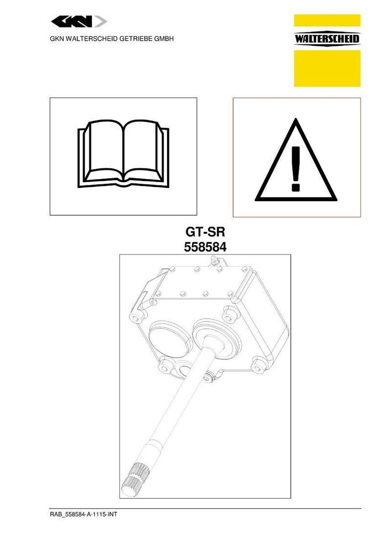 May include: Technical diagram of a mechanical component, showing a detailed line drawing of a gearbox with a long shaft. The image includes warning symbols, an open book icon, and the text "GT-SR 558584". The Walterscheid logo is visible.