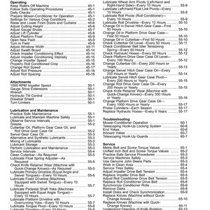May include: A detailed contents page from a manual, featuring a list of operating procedures, maintenance schedules, and troubleshooting guides. The text is black on a white background, with page numbers.