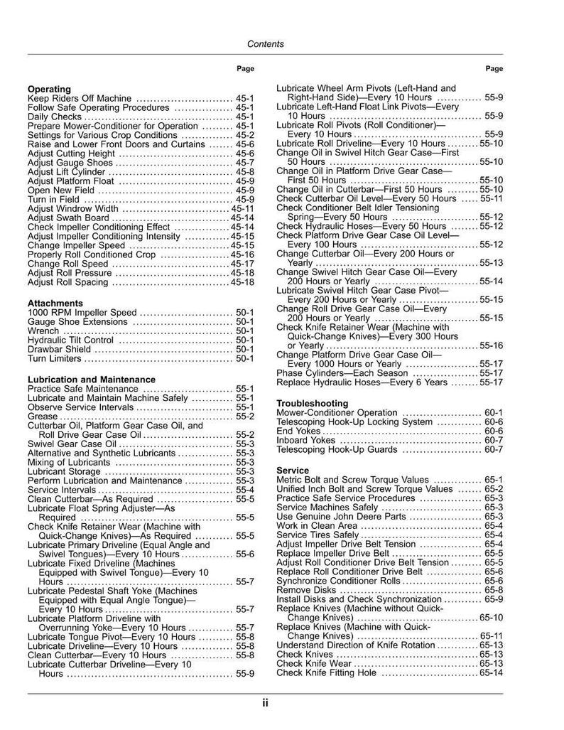 May include: A detailed contents page from a manual, featuring a list of operating procedures, maintenance schedules, and troubleshooting guides. The text is black on a white background, with page numbers.