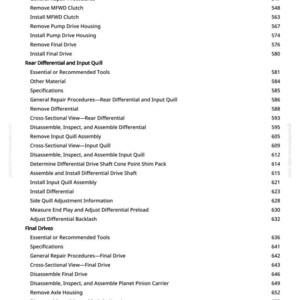 May include: A page from a manual with a list of repair procedures for a vehicle's components, including the MFWD clutch, pump drive housing, and final drives. The text is in black font on a white background.