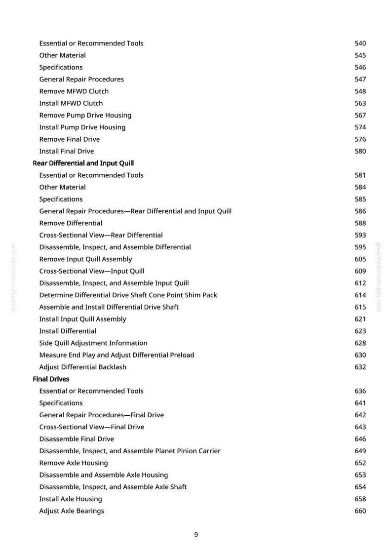 May include: A page from a manual with a list of repair procedures for a vehicle's components, including the MFWD clutch, pump drive housing, and final drives. The text is in black font on a white background.