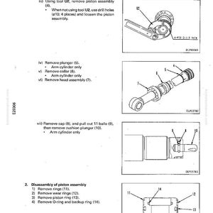 May include: Diagram of a hydraulic cylinder disassembly and assembly process. The image includes detailed illustrations of various components, such as plungers, rings, and the piston assembly, with labels and instructions.