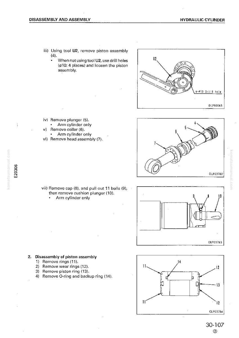 May include: Diagram of a hydraulic cylinder disassembly and assembly process. The image includes detailed illustrations of various components, such as plungers, rings, and the piston assembly, with labels and instructions.