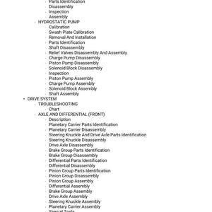 K&ouml;nnte beinhalten: Eine detaillierte Liste von Kfz-Reparaturverfahren, einschlie&szlig;lich Wartung von hydrostatischen Antriebsmotoren und -pumpen, Achs- und Differentialarbeiten sowie Fehlersuche. Der Text ist in schwarzer Schrift auf wei&szlig;em Hintergrund.